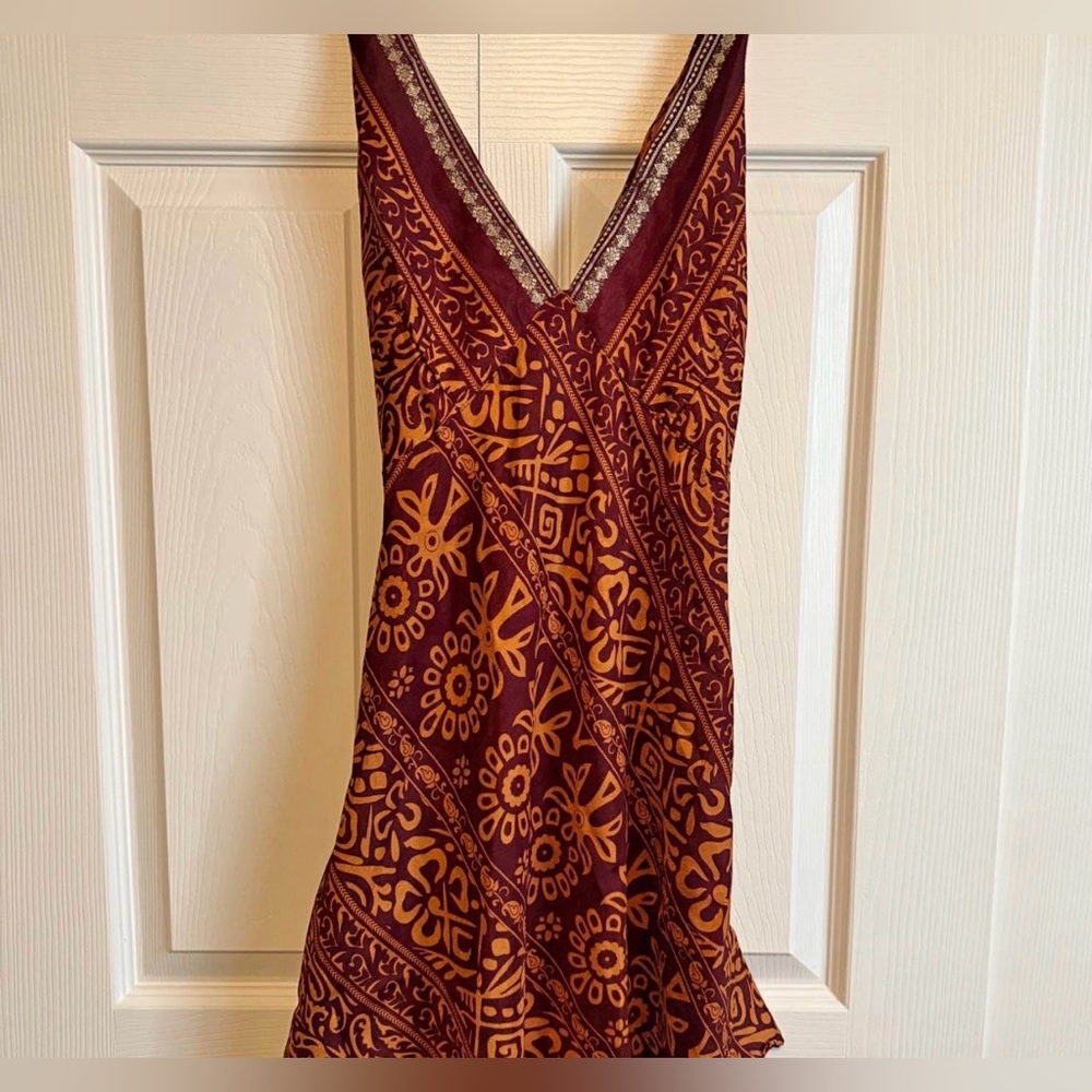 Boho inspired Sleeveless V-Neck Maroon and Mustard Patterned Dress